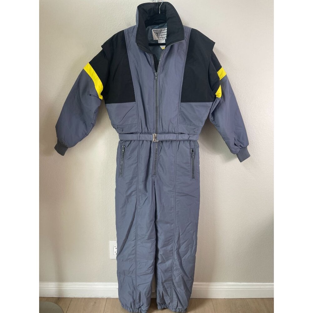 Vintage Tyrolia By Head Mens Large Ski Snowsuit Gray Black Yellow One Piece Suit